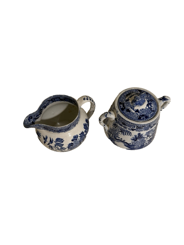 VTG Ridgeway Semi-China England Blue Willow Creamer & Sugar Bowl w Lid - Picture 5 of 9