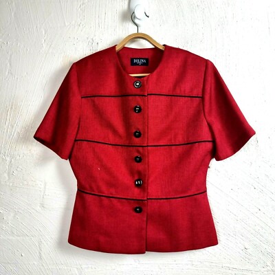 Vintage Dolina Womens Top Jacket Size 12 Red/Black Short Sleeve Round Neck 