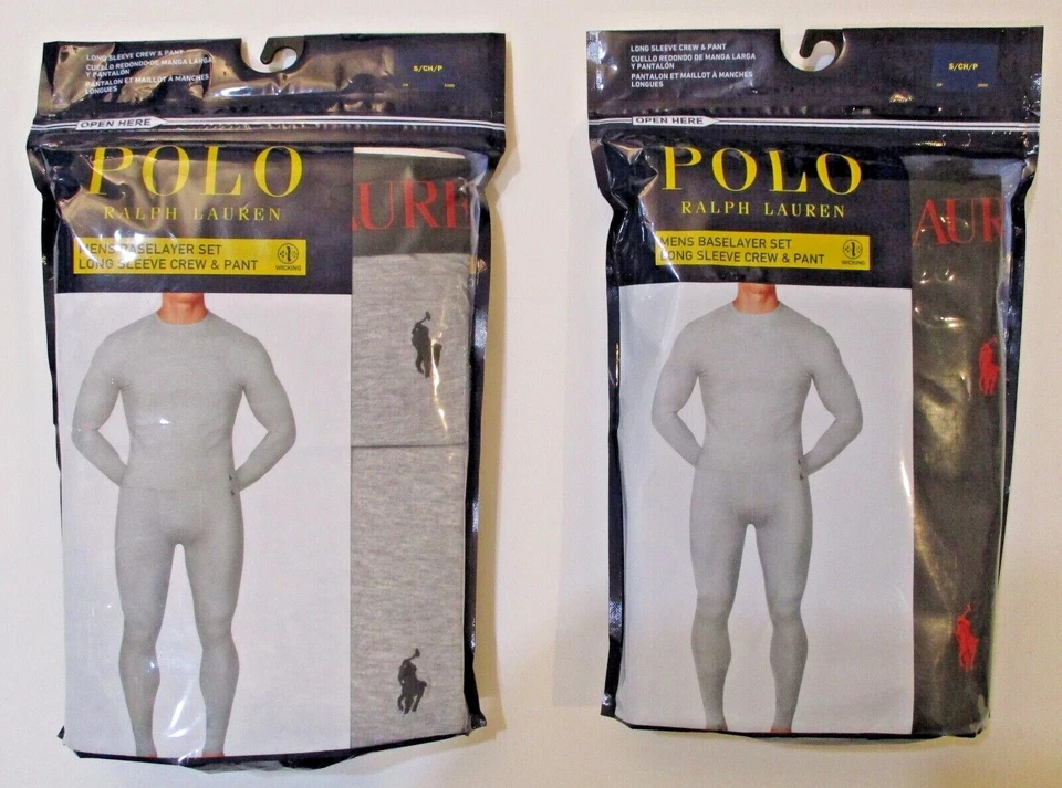 POLO RALPH LAUREN SIZE SMALL 2 PIECE BASE LAYER SET BLACK GRAY L/S CREW & PANT