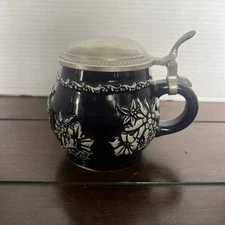 West GERMAN Cobalt Blue Hinged Pewter Lid Stein Mug Alpine Flowers 1970’s VTG