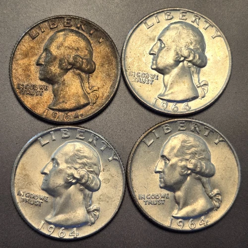 Lot of 4 1964d Washington silver quarters.Bu