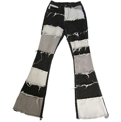 Jeans Brand Patchwork-Front Stretch-Denim Flare Leg Jeans Raw Hem Black Gray XS