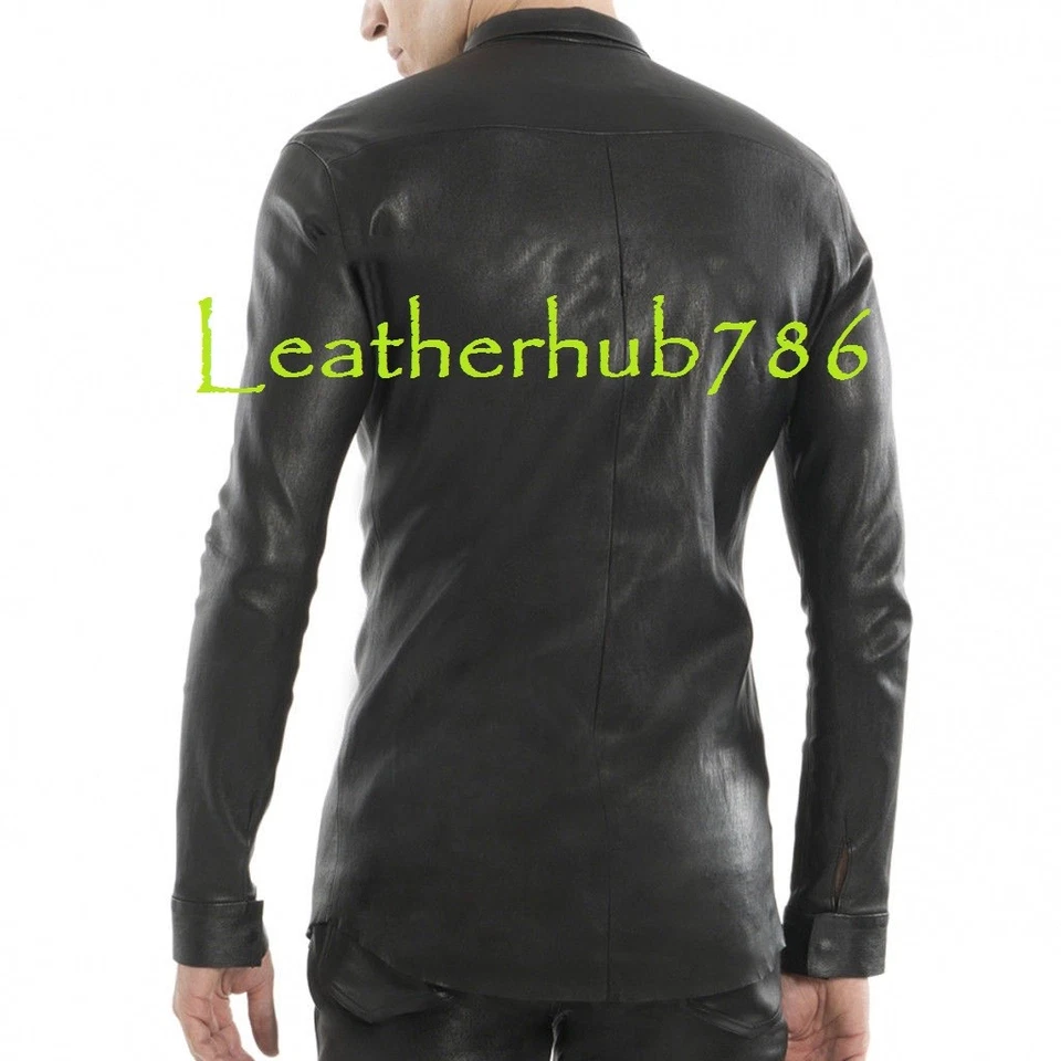 Men Collar Shirt Soft Black Genuine Lambskin Leather Party Casual Plain Wear 436 - Image 2 of 4