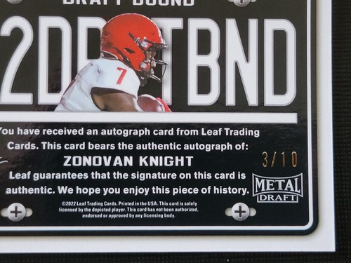 Zonovan Knight 2022 Leaf Metal Draft Bound Pink Ice Autograph Football Card 3/10 - Picture 10 of 10