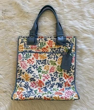 D. Porthault Travel Tote Bag Leather Trim Handles Floral Print Multicolor