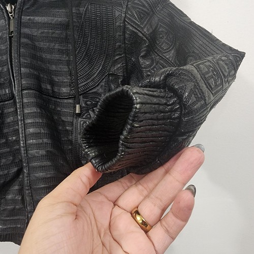 Desert Well Leather Jacket Black Embroidery Fur Hooded Quilted Satin Lining S - Picture 11 of 24