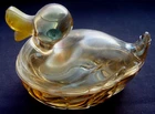 Vintage Jeanette Marigold 6” Long Carnival Glass Duck Trinket Candy Dish