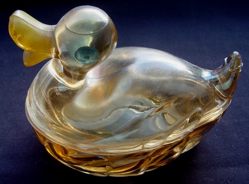 Vintage Jeanette Marigold 6” Long Carnival Glass Duck Trinket Candy Dish