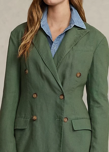 $498 POLO RALPH LAUREN WOMEN'S SZ 4 DOUBLE BREASTED LINEN BLAZER GREEN - Image 2 of 4