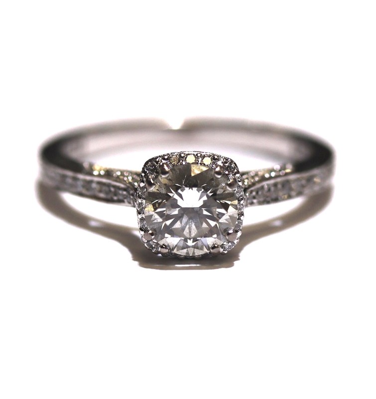 GIA J VS2 Tacori 18k white gold 1.14ct round diamond halo engagement band ring