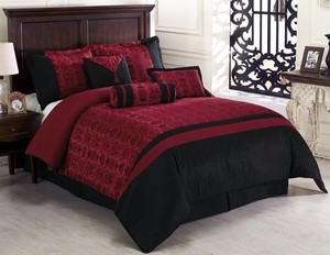 Luxurious 7 Piece Burgundy Black Oriental Chinese Symbol Jacquard