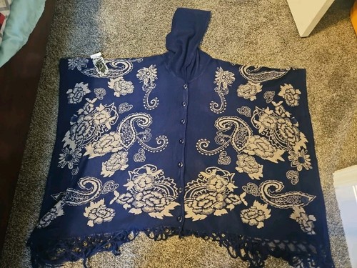 Hot Wing Sweater With Hood / Poncho / Blue With Design/ New With Tags