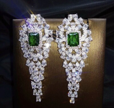 18k White Gold Plated Lab-Created Green Emerald Wedding Chandelier Earrings