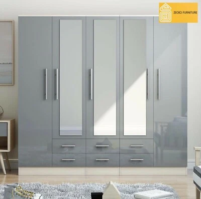 UNIQUE FURNISHINGS LTD High Gloss Grey 5 Door Mirrored Fitment Wardrobe with 6 Drawers – Modern Style