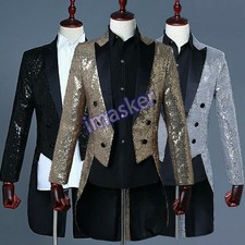 Mens Suit Top Jacket Tuxedo Tailcoat Coat Shiny Sequin Showman Wedding Banquet