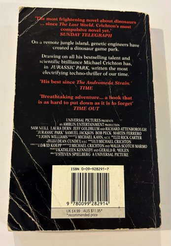 Jurassic Park by Michael Crichton (Paperback, 1993) - Free Aus Post! Vintage - Picture 2 of 6