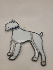 Stained glass white dog in lead frame. Blue collar. Sun catcher.
