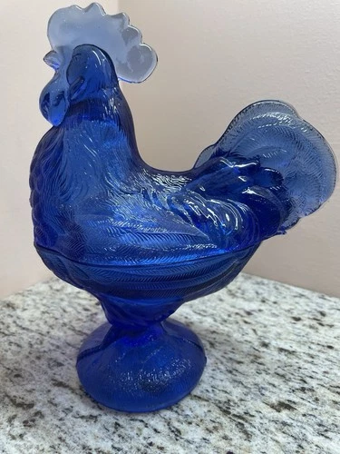 Cobalt Blue Standing Rooster Candy Dish Bowl Depression Style Glass Vintage
