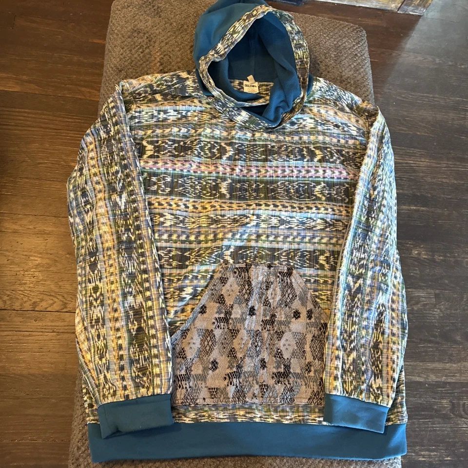 IXCHEL 手工刺绣 Ikat 危地马拉 100% 棉 BoHo 嬉皮帽衫 XXL — 第 4/4 张图片