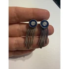 Sterling Silver Blue Enamel Crystal Stud Tassel Drop Earrings Vintage Style