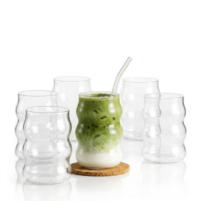 6tlg. Matcha-Gläser Set aus hochwertigem Glas 400ml Trinkgläser Ripple Glas