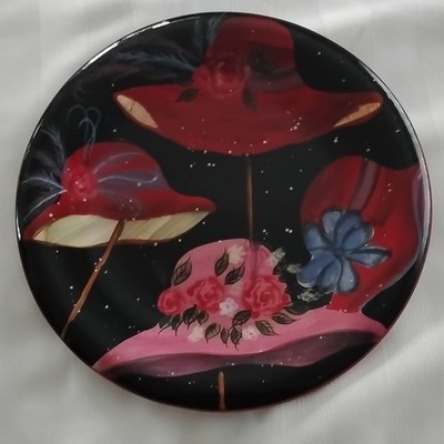 Certified International Susan Winget Collector Plate Hat, Pattern Red Black Pink