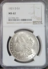 1921 D Morgan Silver Dollar NGC MS62 Slight Reverse Die Rotation- 001 Serial Num