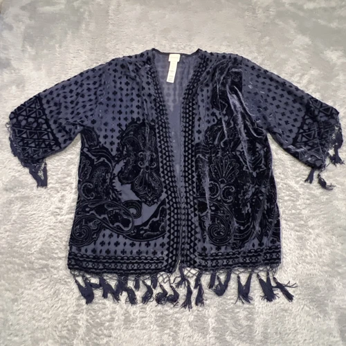 VETEMENTS Cardigan Chico's S M blu navy burnout velluto elegante giacca nappa trasparente frange aperto