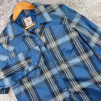 Ascend Men s Blue Plaid Long Sleeve Button Up Shirt Size L Stretch Casual