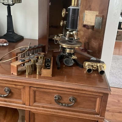 E. Leitz Wetzlar Antique Brass Microscope with Accessories and Wooden Case