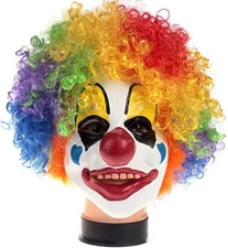 Latex Clown Mask with Colorful Hair Wig Red Nose Halloween Costume... 