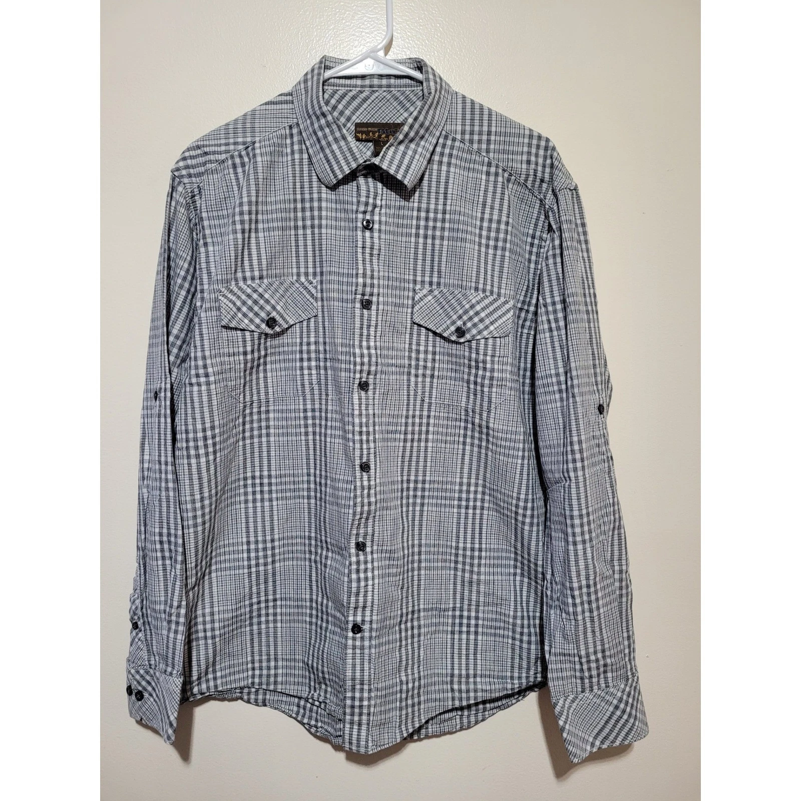 Pronto Uomo Blue Button Down Shirt Mens Large Grey Plaid Long Sleeve Cotton