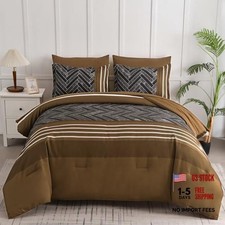 Comforter Set 7 Pieces Boho Striped Bed in a Bag Set Men Queen Brown