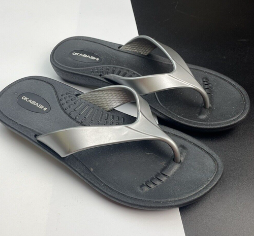 Okabashi Womens Medium 6.5-7.5 Flip Flops Comfort Sandals Silver Black - Picture 5 of 5