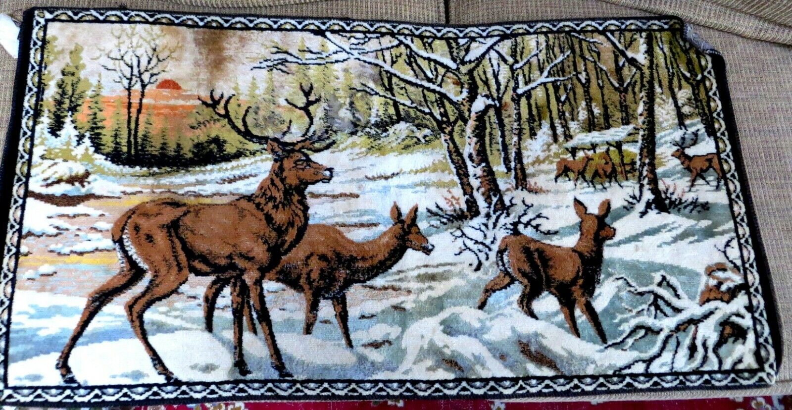 Vintage Italian Art Tapestry Elk Stag Deer in Snow 1965