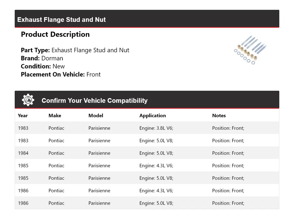 Para Pontiac Parisienne Dorman 1983-1986 brida de escape perno y tuerca delantera 1984 Foto 2 de 4