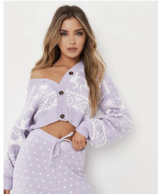 New Missguided Lilac Co Ord Reindeer Repeat Print Crop Knit Cardigan Small