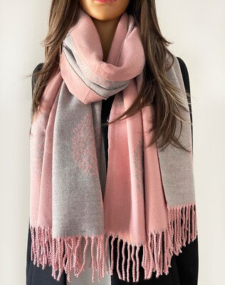 Pink Grey Mulberry Tree of Life Scarf Blanket Cashmere Shawl Wrap Big  Reversible