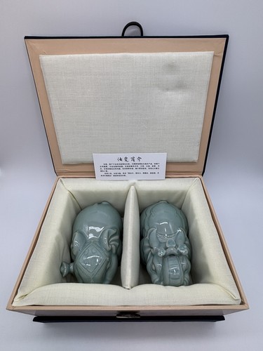 Celadon Elephants Ru Ci Song Dynasty Crackle Finish Gift Box Pair - Picture 18 of 24