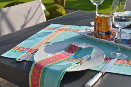 Napkin Jacquard Cotton 50x50 cm Turquoise with Paisley Motif from France