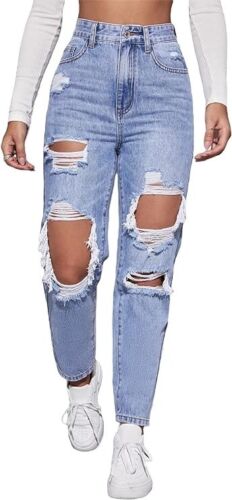 Pantaloni denim Floerns donna vita alta gamba dritta strappata effetto invecchiato