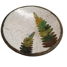 Studio Art Pottery Trinket Dish Bowl Signed DNC Fern Boho Speckled Stoneware Vtg