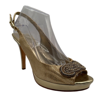 Antonio Melani Platform Gold Leather Dress Sandals Beaded Peep Toe Formal  10 M | eBay