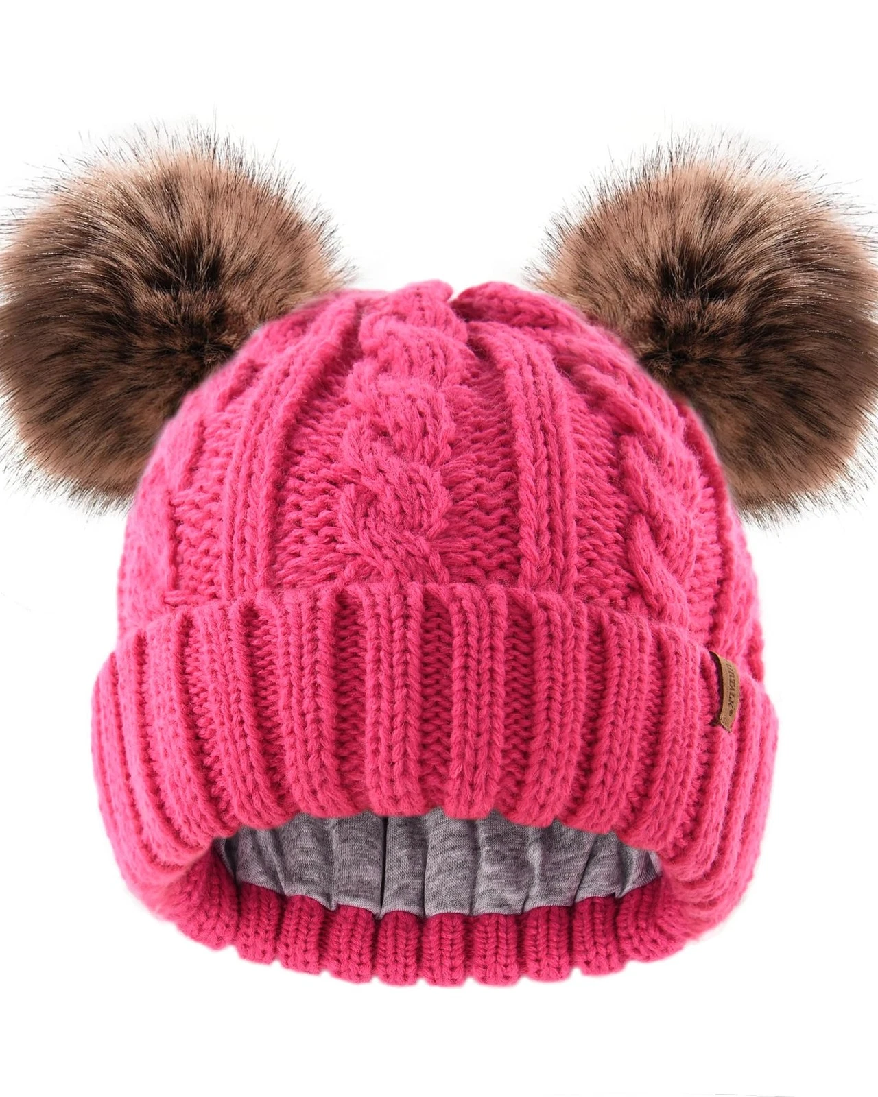 Toddler Warm Winter Hat Kids Baby Knitted Double Faux Fur Pom Poms Beanie