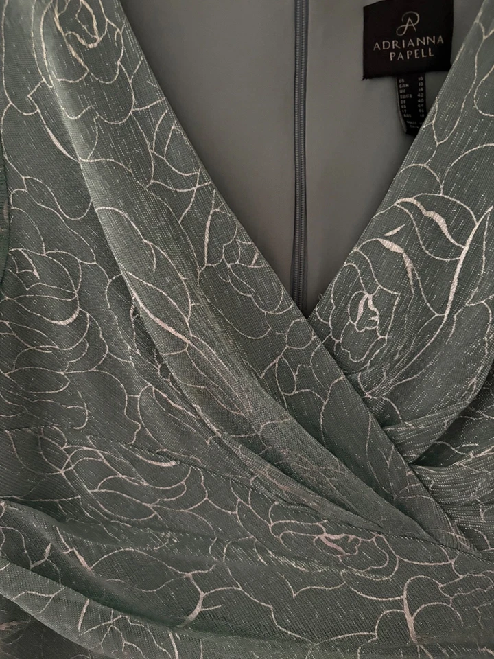 Adrianna Papell metallic mesh draped gown size 10, color Sea Glass w/front slit - Image 3 of 4