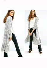 Free People Smile Like You Stripe Lightweight Maxi Duster Cardigan in Grey M