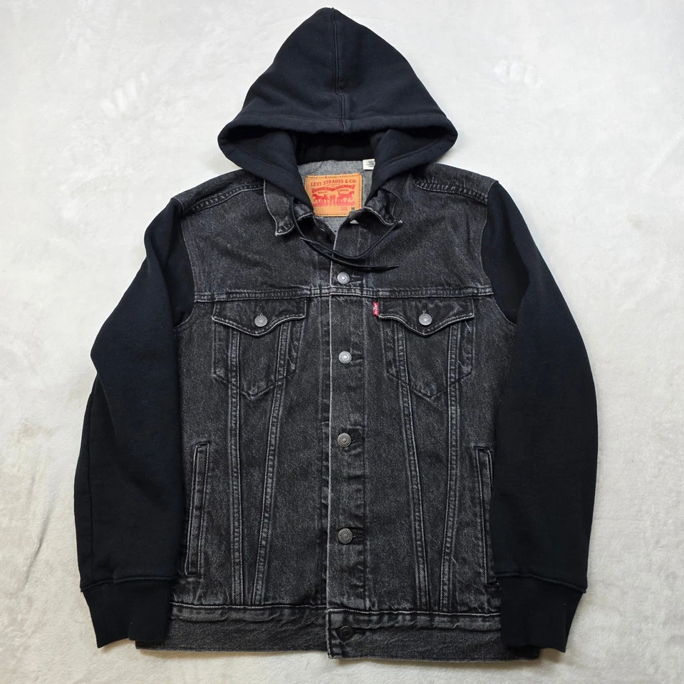 Chaqueta de Camionero Levi Strauss Denim Con Capucha Para Hombre Mediana Negra Jean Sudadera con Capucha Híbrida Foto 2 de 4