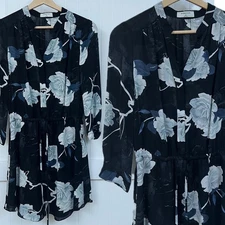 Aritzia Babaton Bennett 100% Silk Mini Dress Black Floral Print V Neck Tie Waist