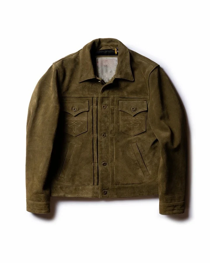 Convoy Olive:100% Genuine Rough-Out Cowhide Suede Jacket ,Classic Trucker Jacket
