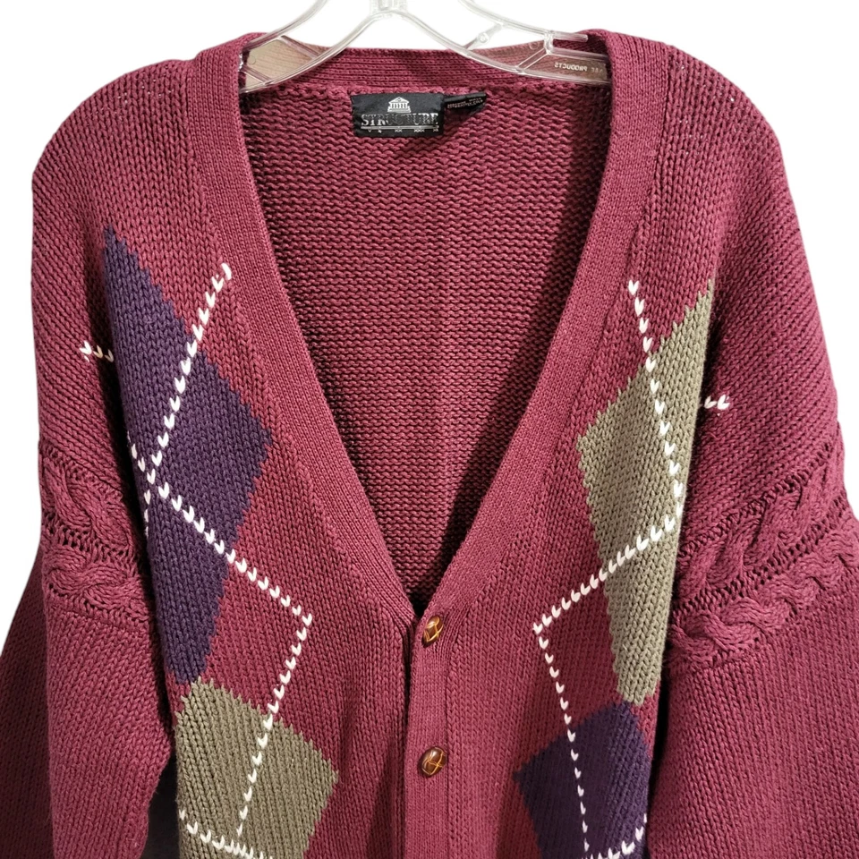 Structure Cardigan Sweater Men L Burgundy Argyle V-Neck Grandpa Vintage 90's Y2K - Image 3 of 4
